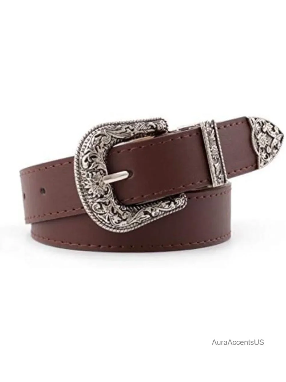 Vintage Faux Leather Belt with Floral Metal Buckle